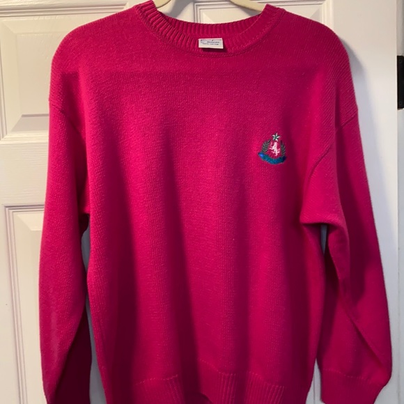 Vintage 80s Triminghams Bermuda 100% Cotton Pink Sweater SZ L Embroidered EUC - Picture 1 of 5